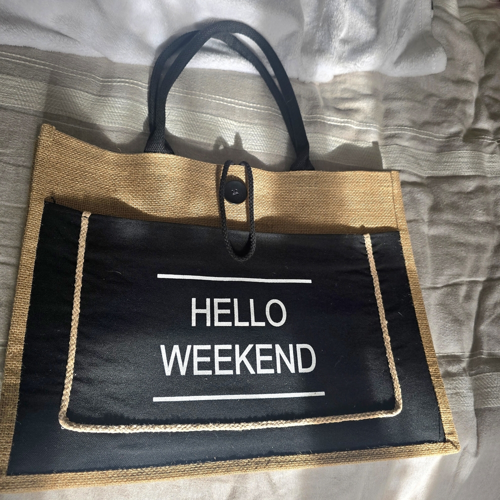 Black and Tan 'Hello Weekend' Burlap Tote Bag